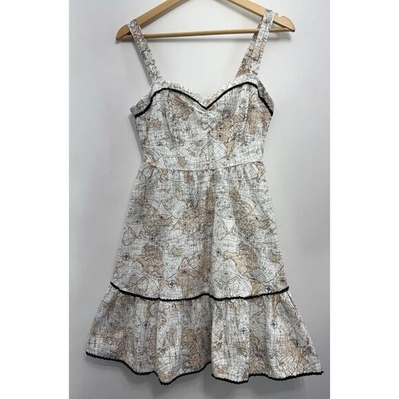 Hot Topic World Map Short Dress Y2K Babydoll Tiered Smocked White Tan Womens M - Picture 1 of 11